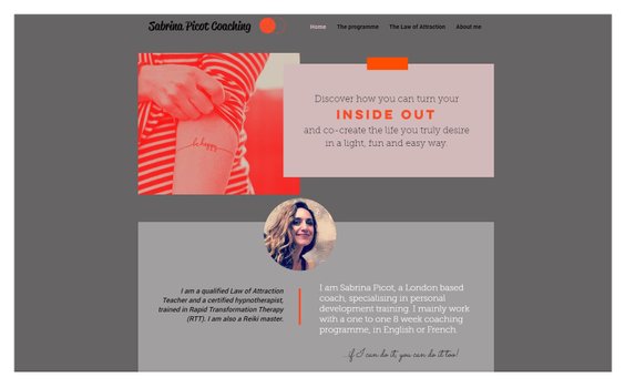 grey, pink and orange colours on website for sabrina picot